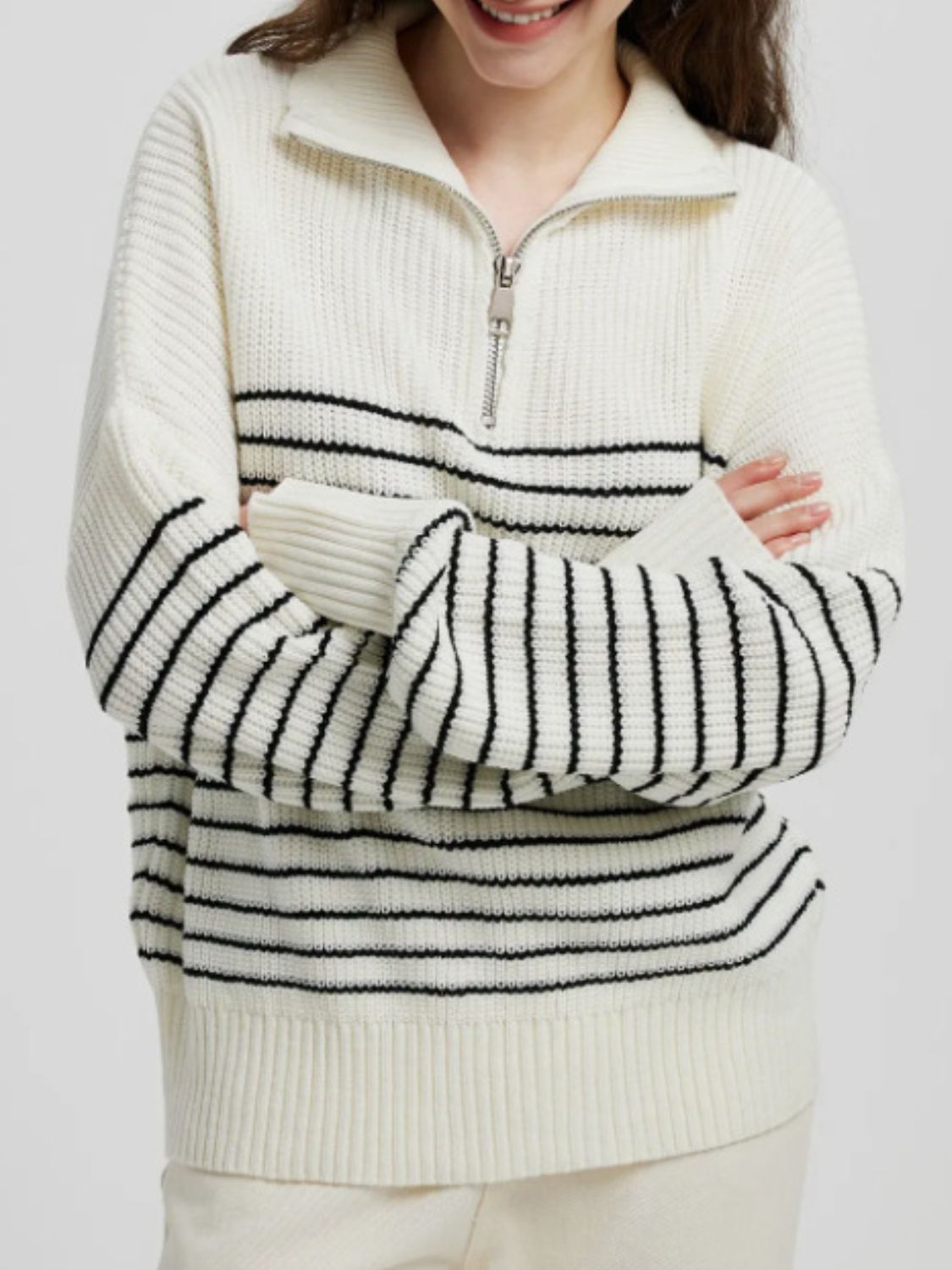 Striped Half Zip Long Sleeve Sweater-TOPS / DRESSES-[Adult]-[Female]-2022 Online Blue Zone Planet