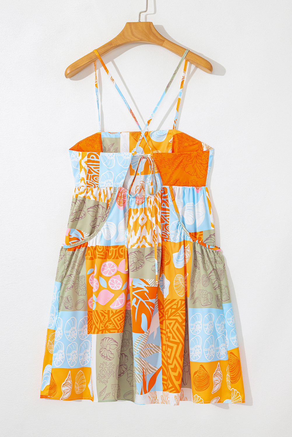 Orange Shell Print Patchwork Backless Flowy Dress-Short Dresses-[Adult]-[Female]-2022 Online Blue Zone Planet