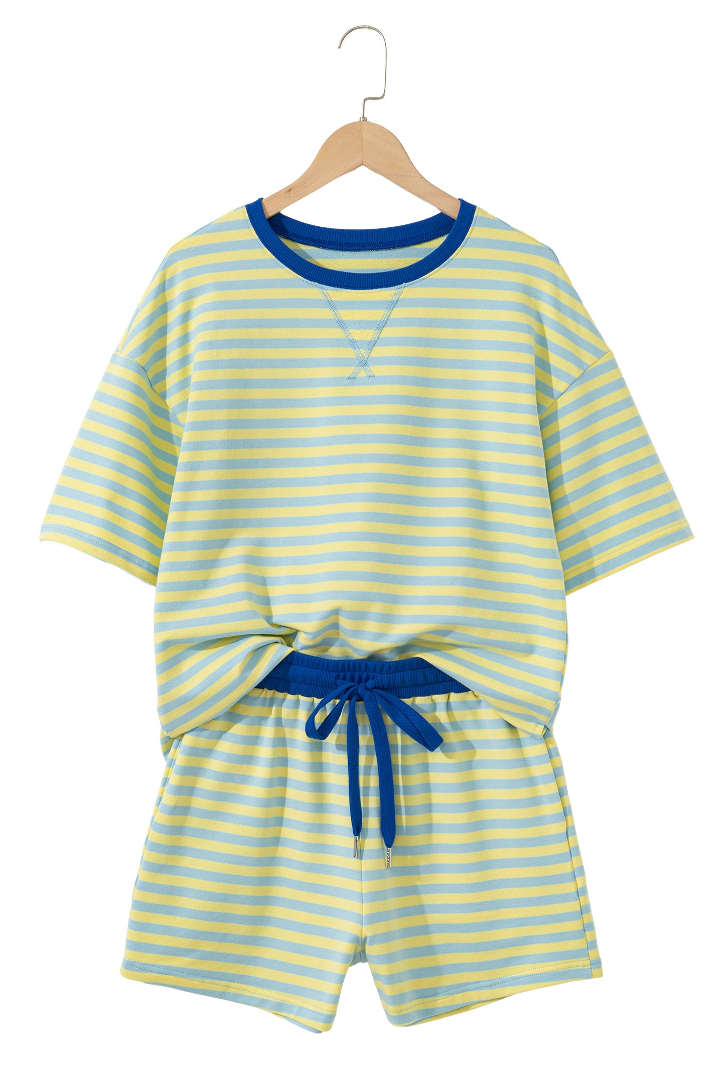 Green Stripe Drop Shoulder Boxy Casual Terry Short Set-Two Piece Sets/Short Sets-[Adult]-[Female]-2022 Online Blue Zone Planet