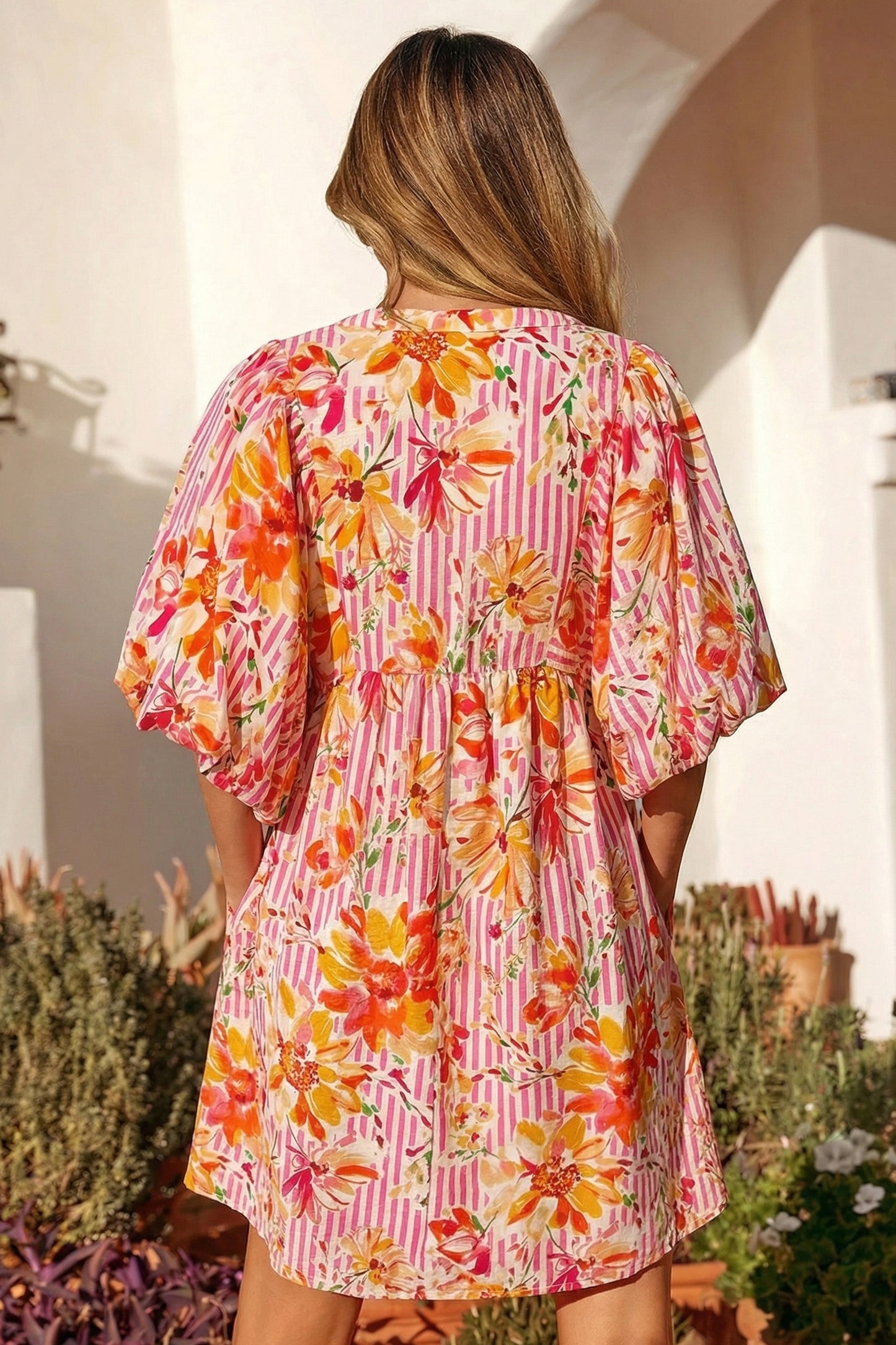 Pink Striped Floral Print Tie Neck Puff Sleeve Loose Mini Dress-TOPS / DRESSES-[Adult]-[Female]-2022 Online Blue Zone Planet