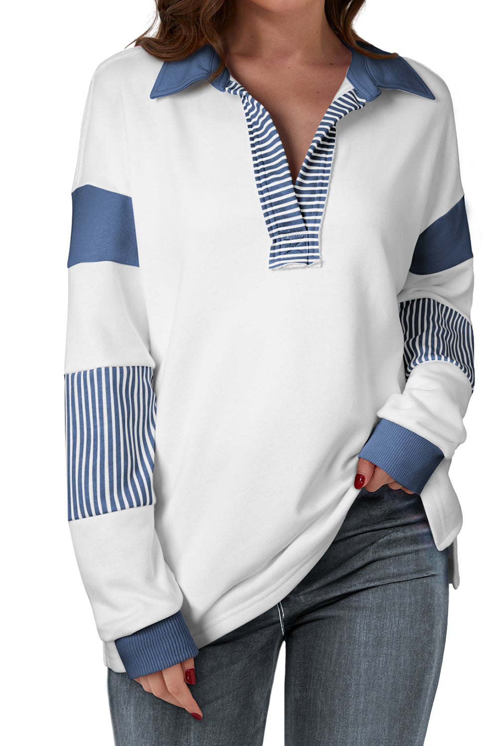 Dark Blue Striped Colorblock Patchwork Collar Sweatshirt-Tops/Sweatshirts & Hoodies-[Adult]-[Female]-2022 Online Blue Zone Planet