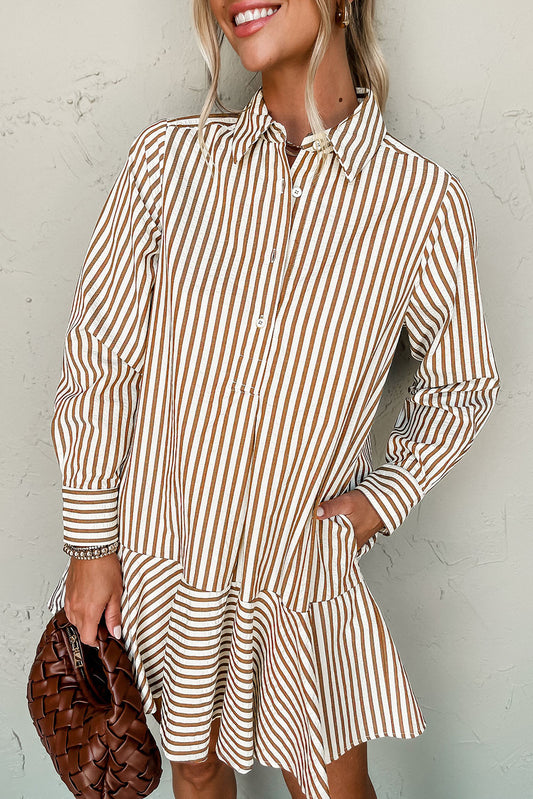 Brown Stripe Ruffled Hem Collared Long Sleeve Shirt Mini Dress-TOPS / DRESSES-[Adult]-[Female]-Brown Stripe-S-2022 Online Blue Zone Planet