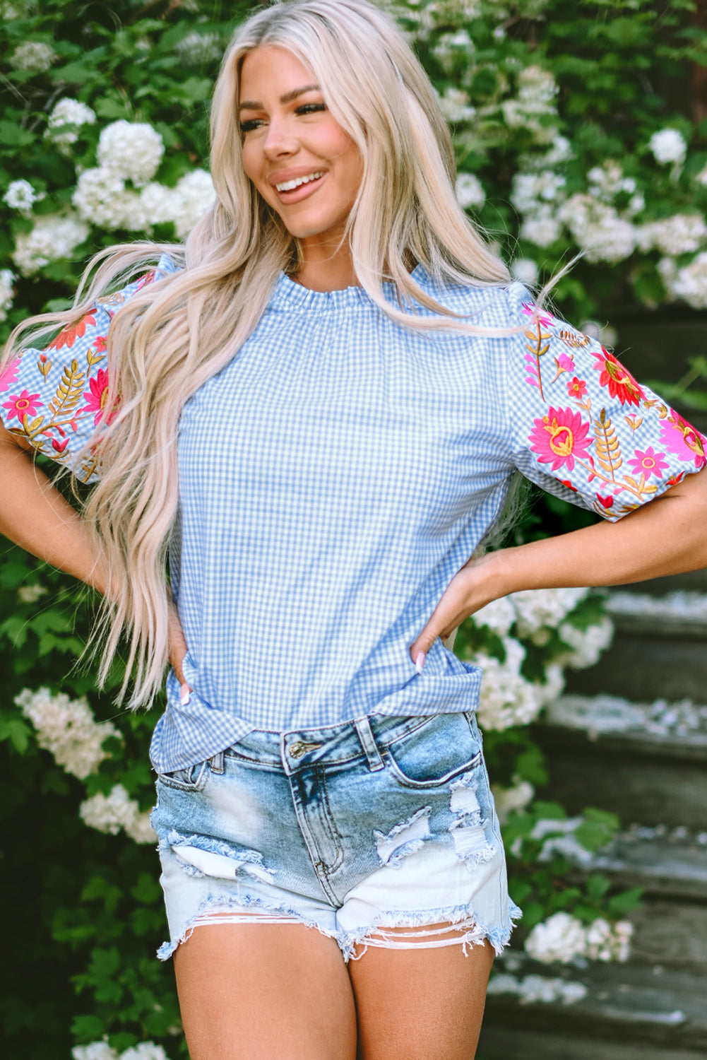 Light Blue Gingham Floral Embroidered Puff Sleeve Blouse-Tops/Blouses & Shirts-[Adult]-[Female]-2022 Online Blue Zone Planet