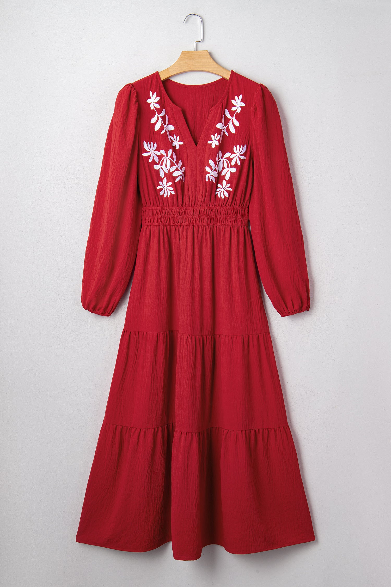 Racing Red Contrast Embroidered Detail Cinched Waist Tiered Long Sleeve Maxi Dress-TOPS / DRESSES-[Adult]-[Female]-2022 Online Blue Zone Planet