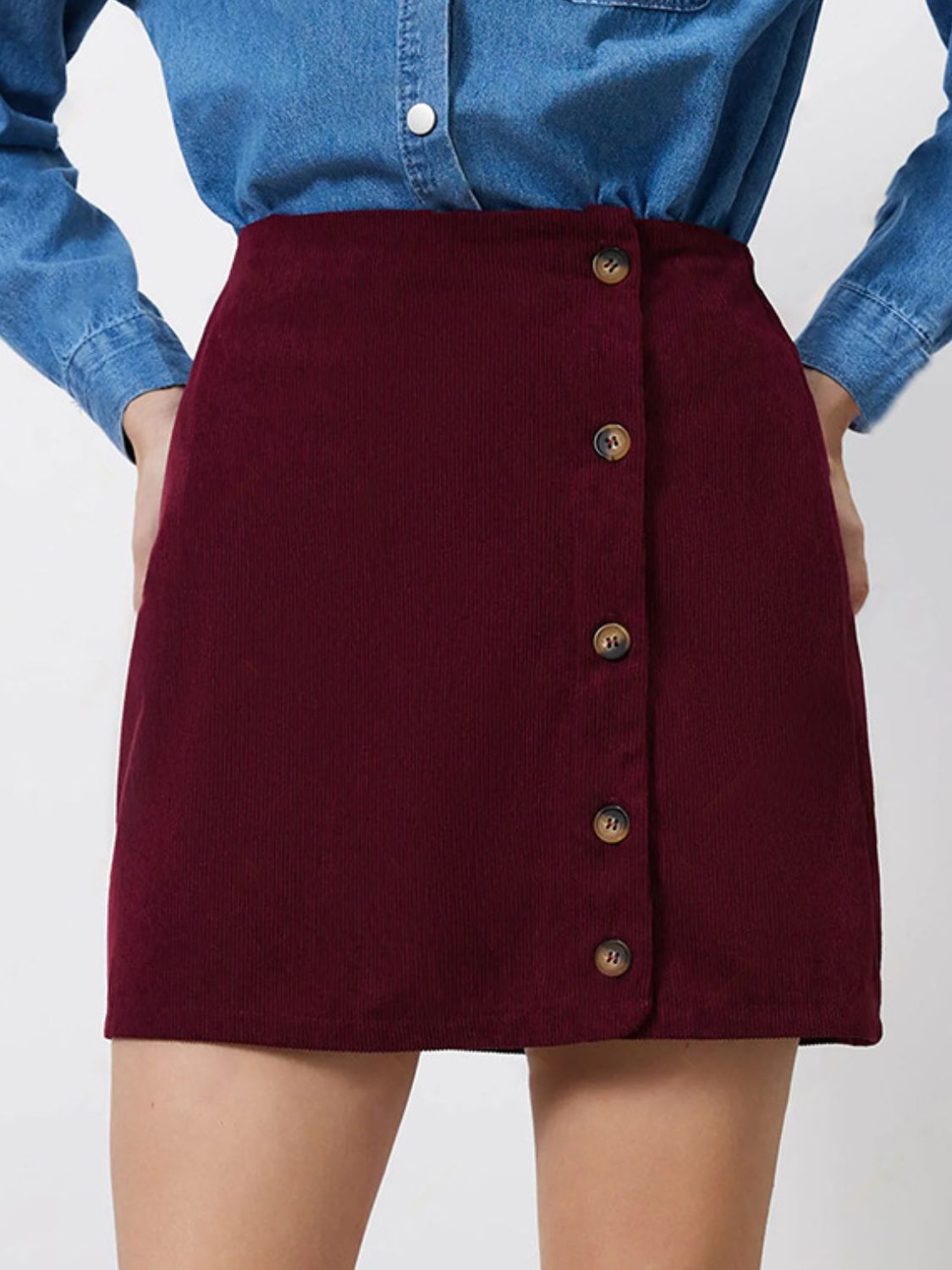 Blue Zone Planet | Buttoned High Rise Mini Skirt-BOTTOMS SIZES SMALL MEDIUM LARGE-[Adult]-[Female]-2022 Online Blue Zone Planet