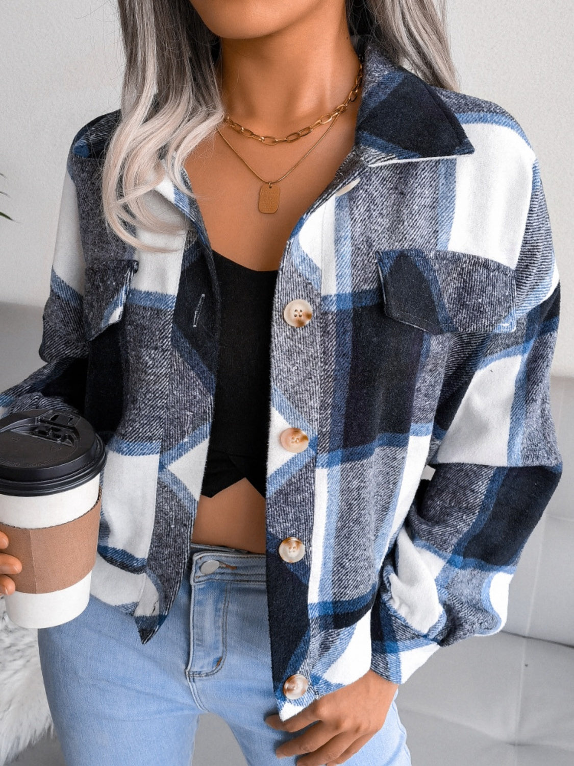 Plaid Collared Neck Long Sleeve Jacket-TOPS / DRESSES-[Adult]-[Female]-2022 Online Blue Zone Planet