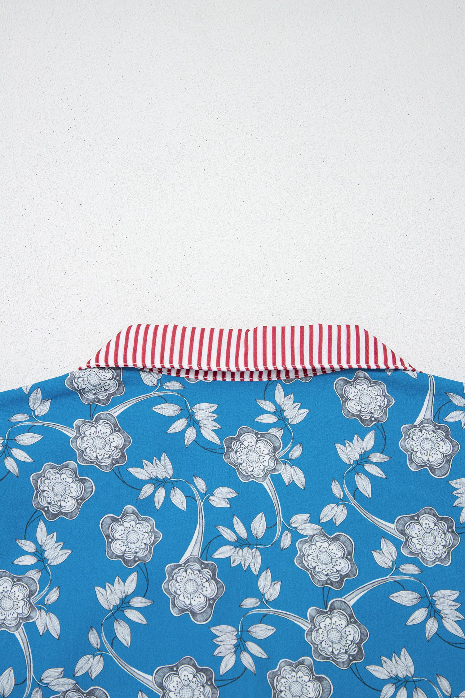 Blue Retro Floral Print Striped Trim Button Neck Short Sleeve Blouse-Tops/Blouses & Shirts-[Adult]-[Female]-2022 Online Blue Zone Planet