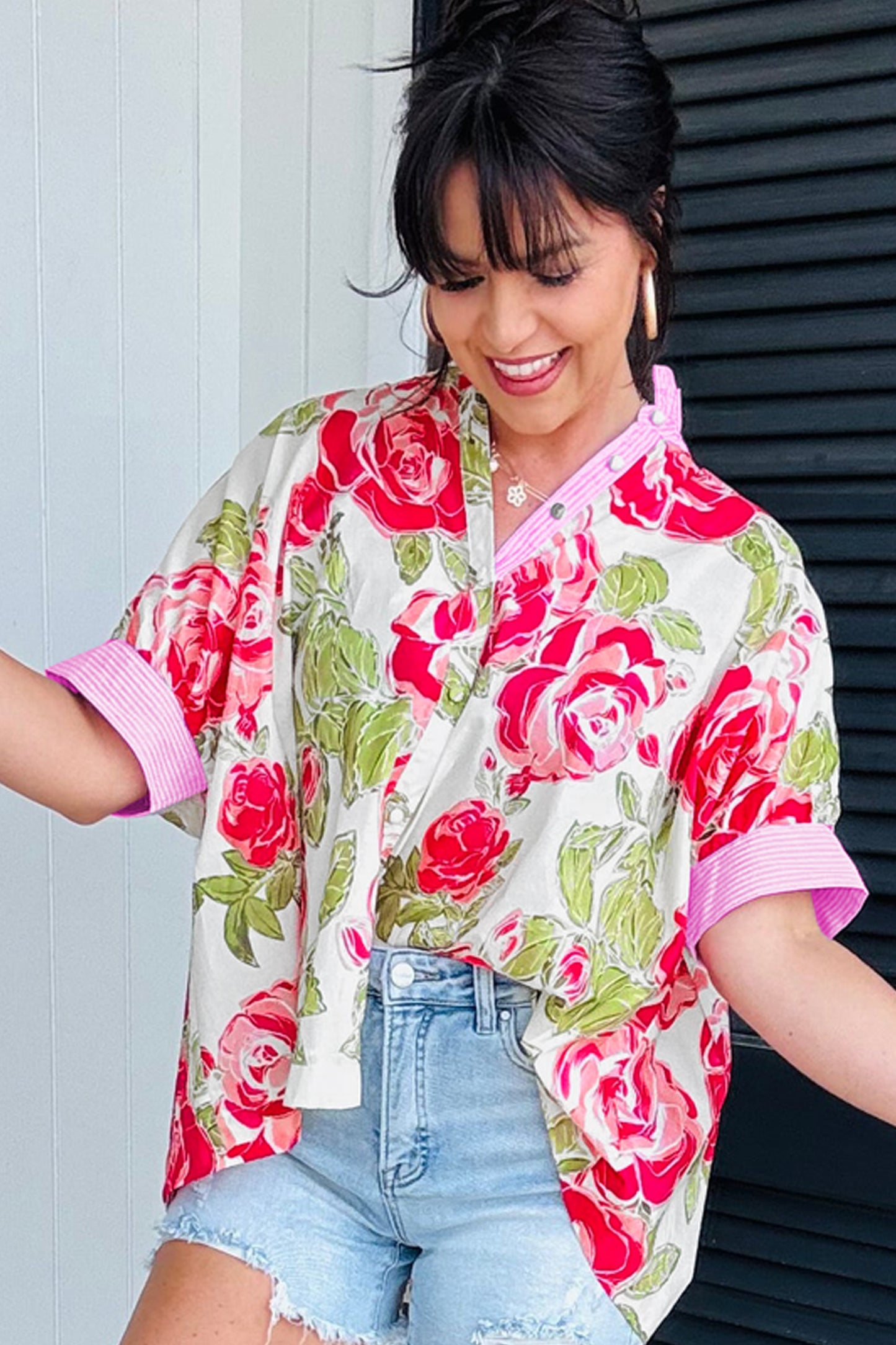 Pink Flower Print Striped Trim Frilled Collar Short Sleeve Shirt-Tops/Blouses & Shirts-[Adult]-[Female]-2022 Online Blue Zone Planet