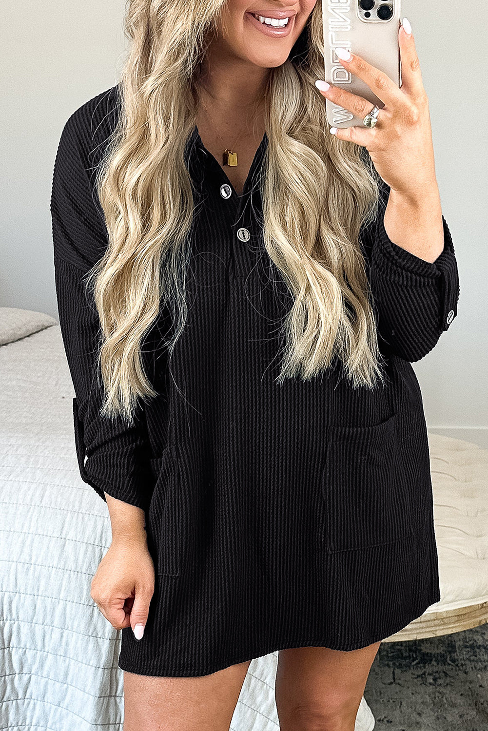 Black Ribbed Knit Buttoned Collared Roll Tab Sleeve Plus Size Mini Dress-Plus Size/Plus Size Dresses-[Adult]-[Female]-2022 Online Blue Zone Planet