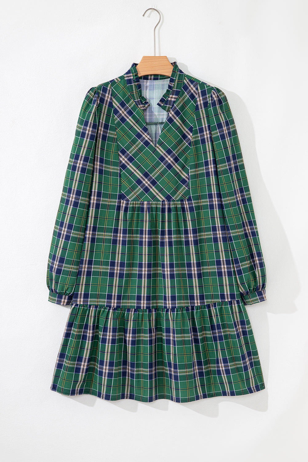 Green Plaid Print Frilly Collar Long Sleeve Shift Mini Dress-TOPS / DRESSES-[Adult]-[Female]-2022 Online Blue Zone Planet