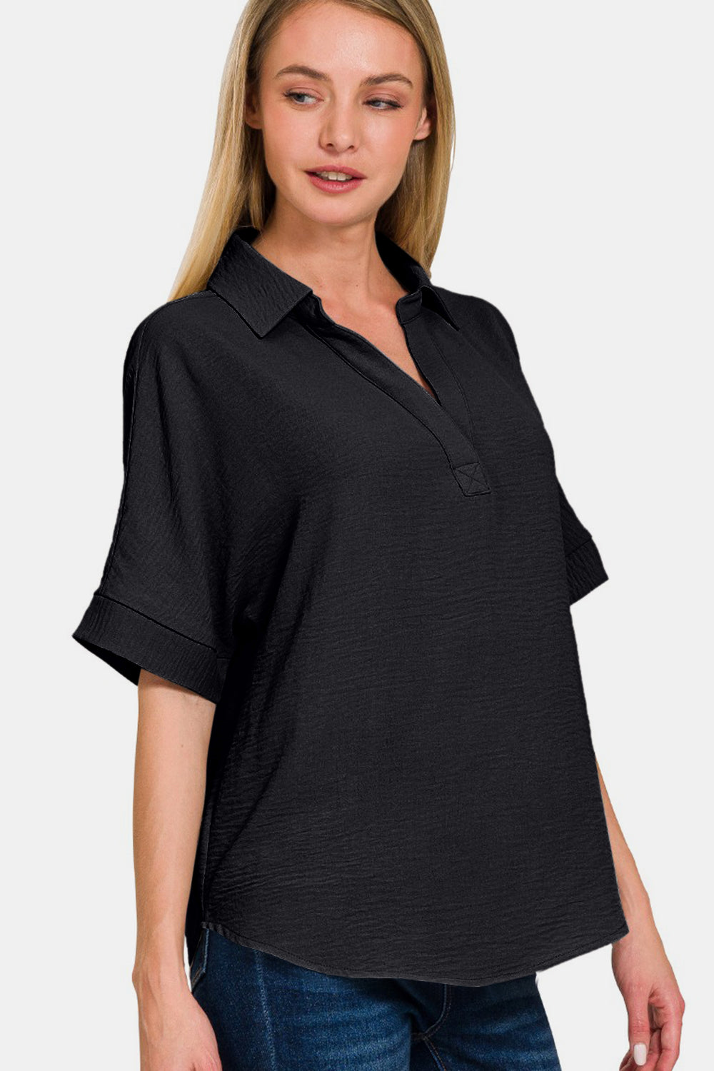 Zenana Full Size Texture Collared Neck Short Sleeve Top-TOPS / DRESSES-[Adult]-[Female]-2022 Online Blue Zone Planet