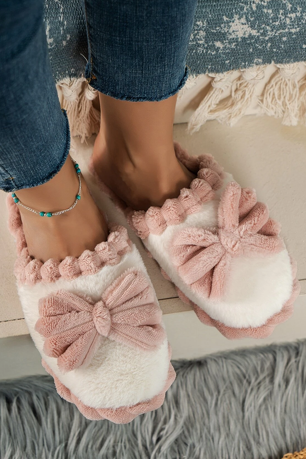 Fushia Bow Decor Color Block Ribbed Plush Slippers-Shoes & Bags/Slippers-[Adult]-[Female]-2022 Online Blue Zone Planet