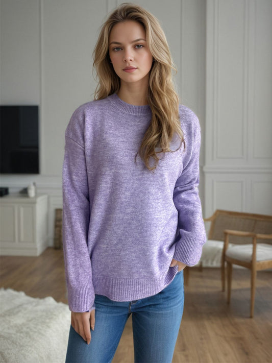 Blue Zone Planet | Round Neck Drop Shoulder Long Sleeve Sweater-TOPS / DRESSES-[Adult]-[Female]-Lavender-One Size-2022 Online Blue Zone Planet