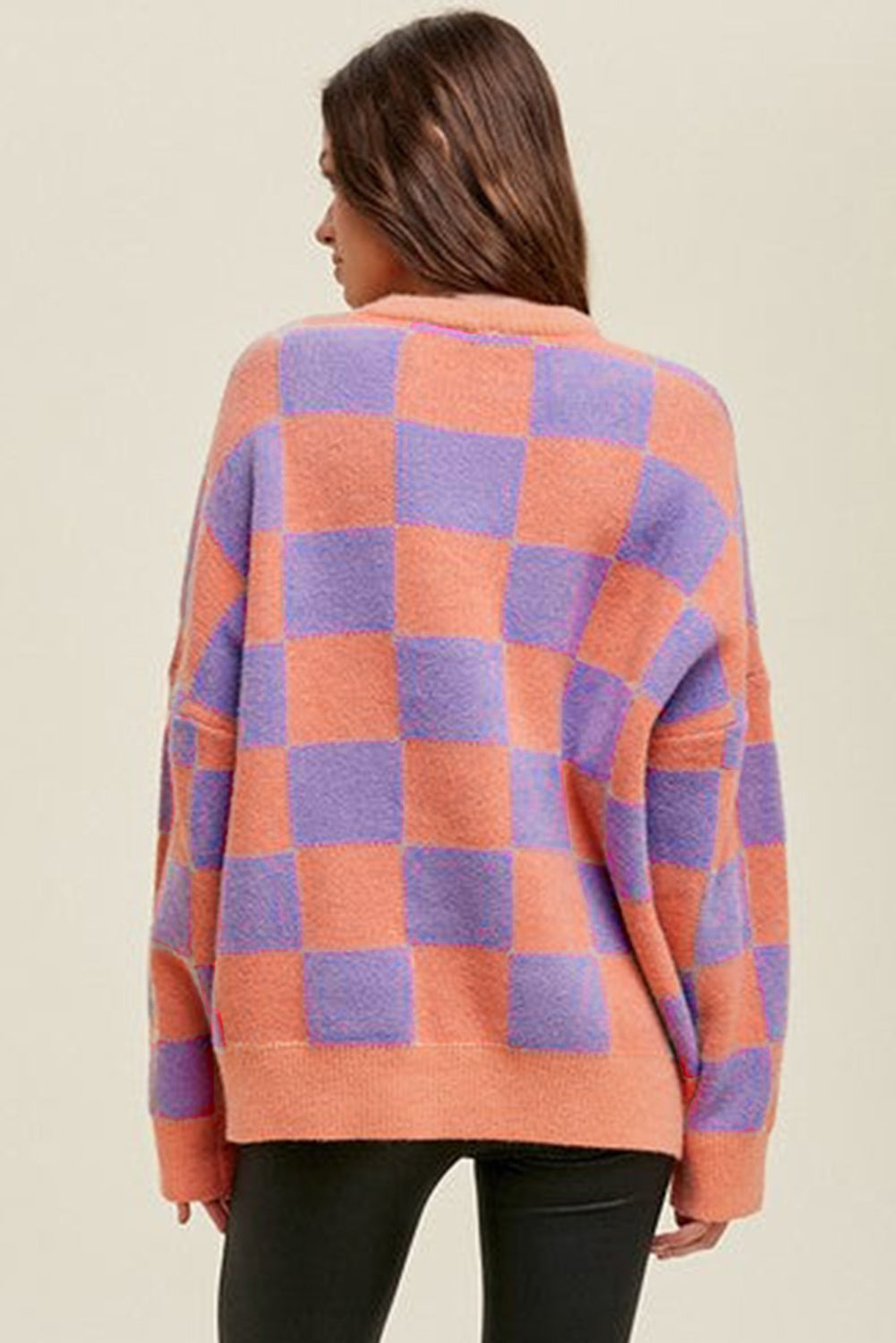 Grapefruit Orange Checkered Pattern Ribbed Trim Knit Baggy Sweater-TOPS / DRESSES-[Adult]-[Female]-2022 Online Blue Zone Planet