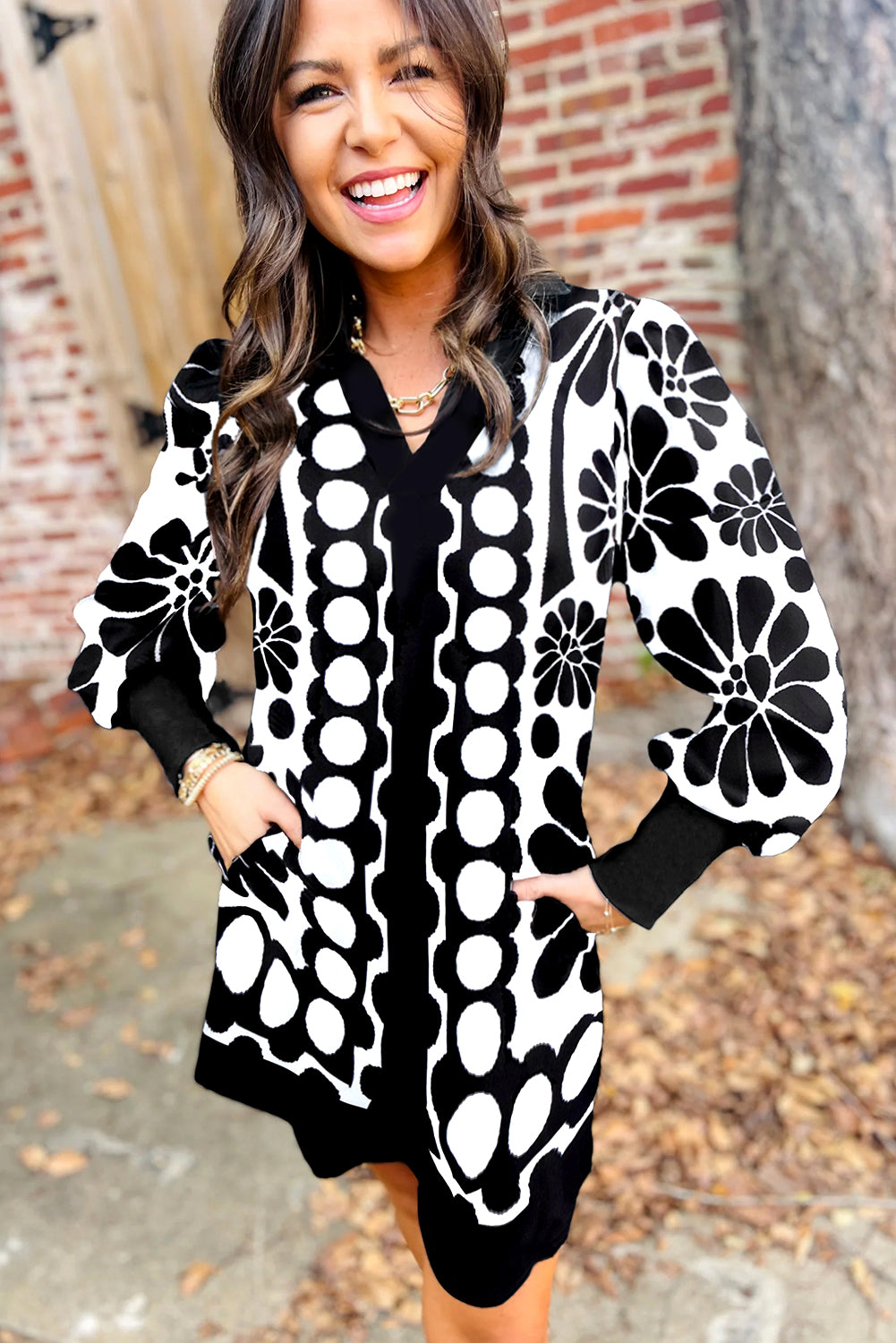 Black Abstract Print V Neck Puff Sleeve Mini Dress-Short Dresses-[Adult]-[Female]-2022 Online Blue Zone Planet