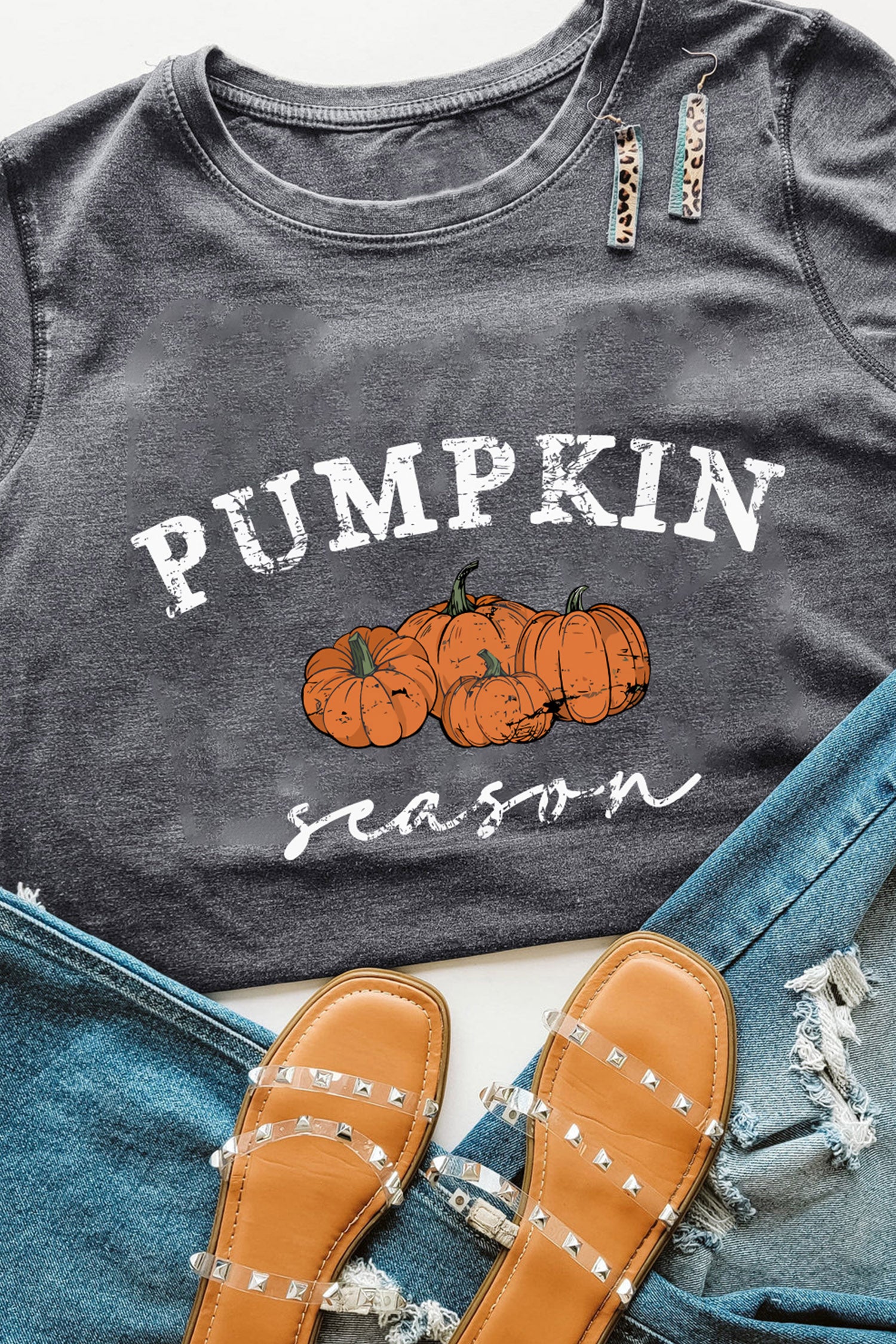 Gray Pumpkin Season Graphic Round Neck Short Sleeve T-Shirt-Graphic/Graphic Tees-[Adult]-[Female]-Gray-S-2022 Online Blue Zone Planet