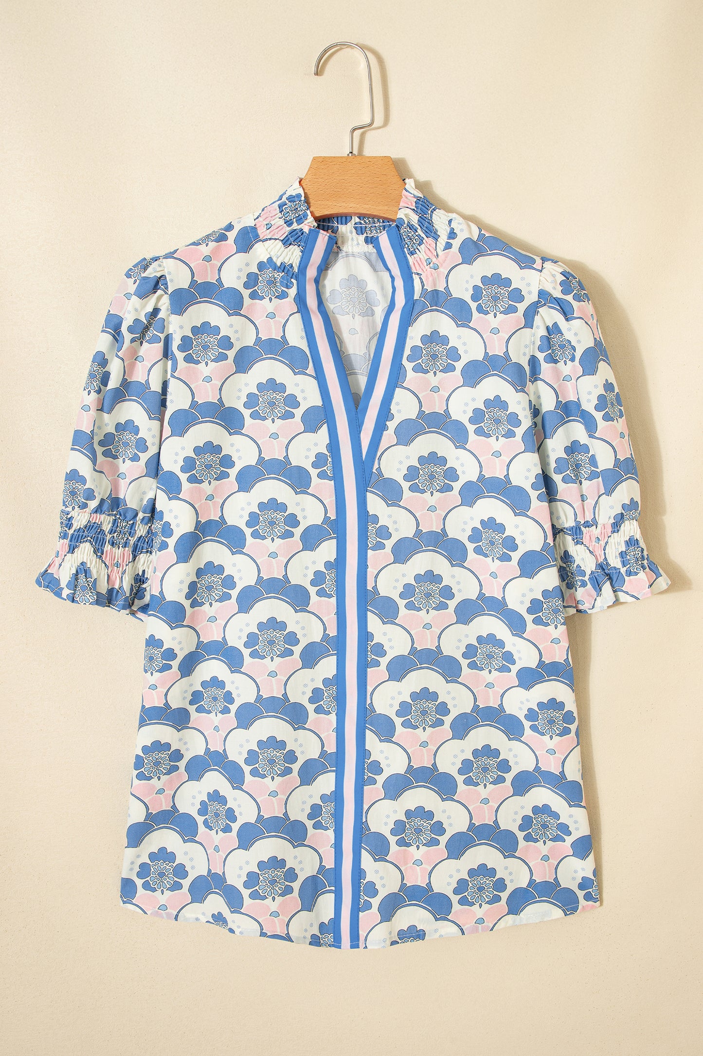 Sky Blue Floral Print Flounced Short Sleeve Contrast Trim V Neck Blouse-Tops/Blouses & Shirts-[Adult]-[Female]-2022 Online Blue Zone Planet