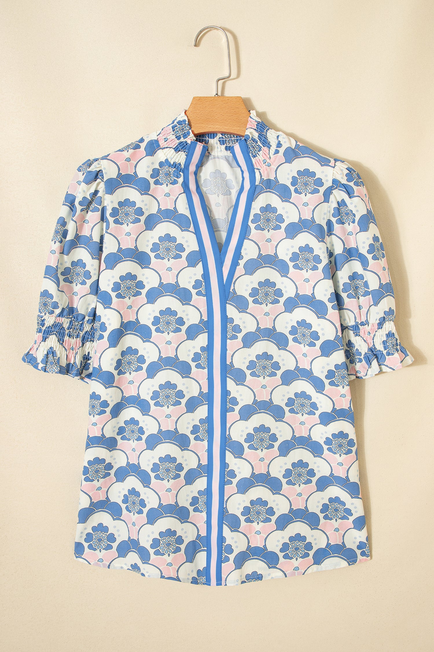 Sky Blue Floral Print Flounced Short Sleeve Contrast Trim V Neck Blouse-Tops/Blouses & Shirts-[Adult]-[Female]-2022 Online Blue Zone Planet