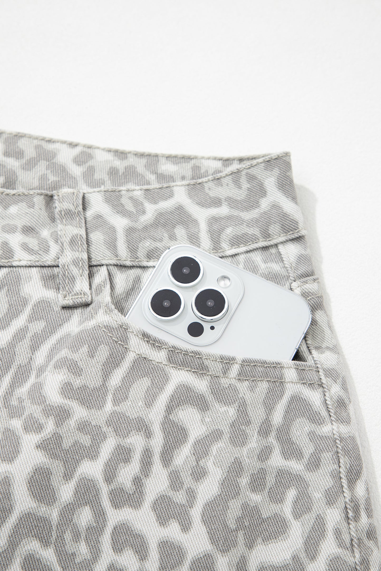 Gray Leopard Frayed Edge Wide Leg High Waist Jeans-Bottoms/Jeans-[Adult]-[Female]-2022 Online Blue Zone Planet