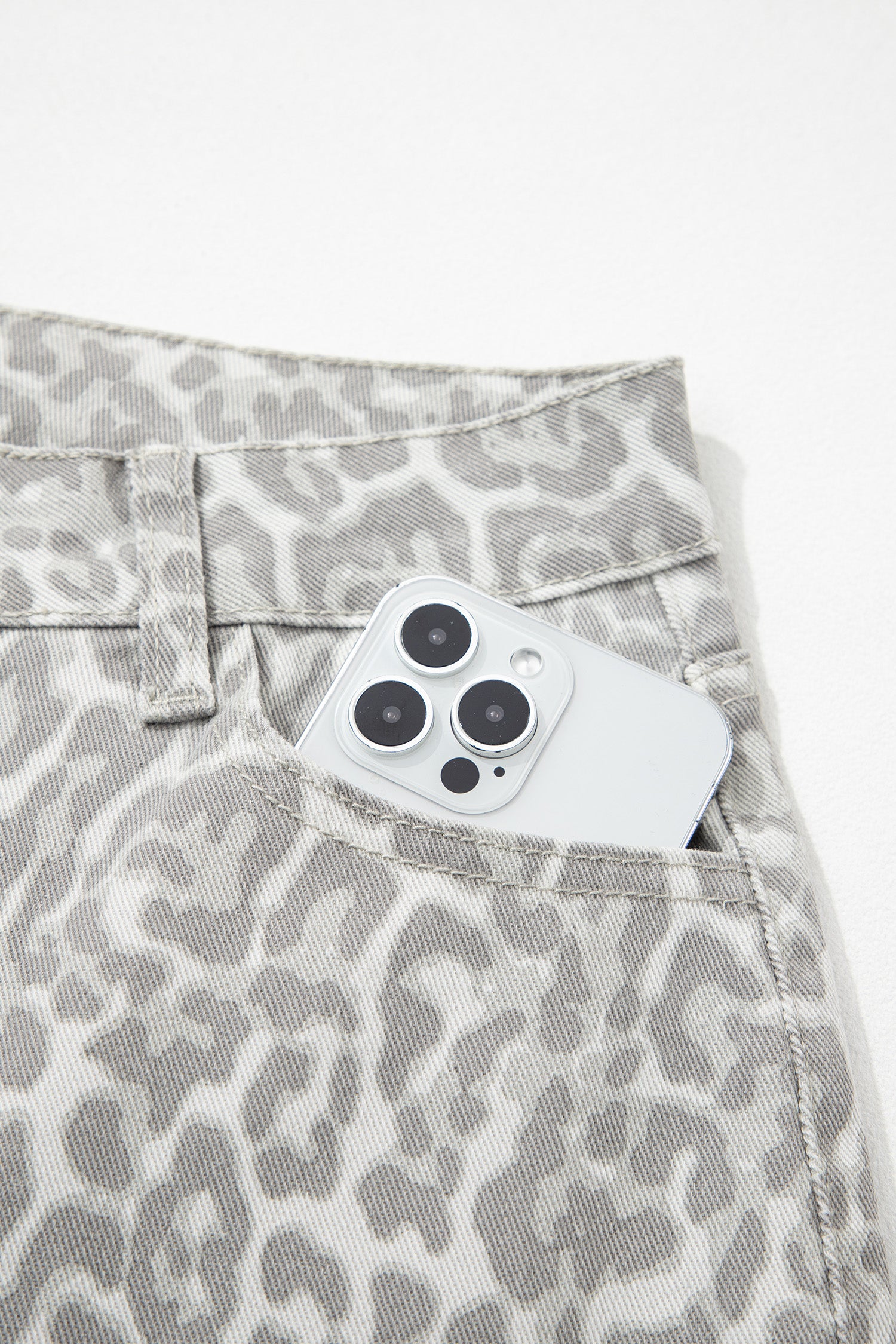 Gray Leopard Frayed Edge Wide Leg High Waist Jeans-Bottoms/Jeans-[Adult]-[Female]-2022 Online Blue Zone Planet
