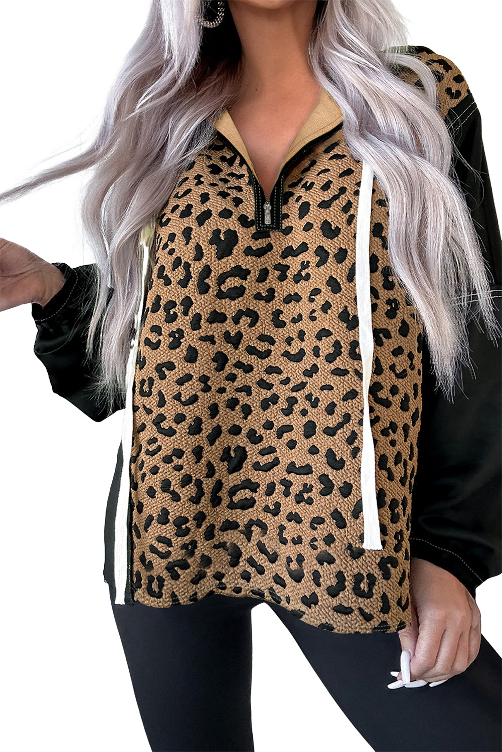 Brown Leopard Patchwork Contrast Stitching Knotted Cuff Quarter Zip Hoodie-Tops/Sweatshirts & Hoodies-[Adult]-[Female]-2022 Online Blue Zone Planet