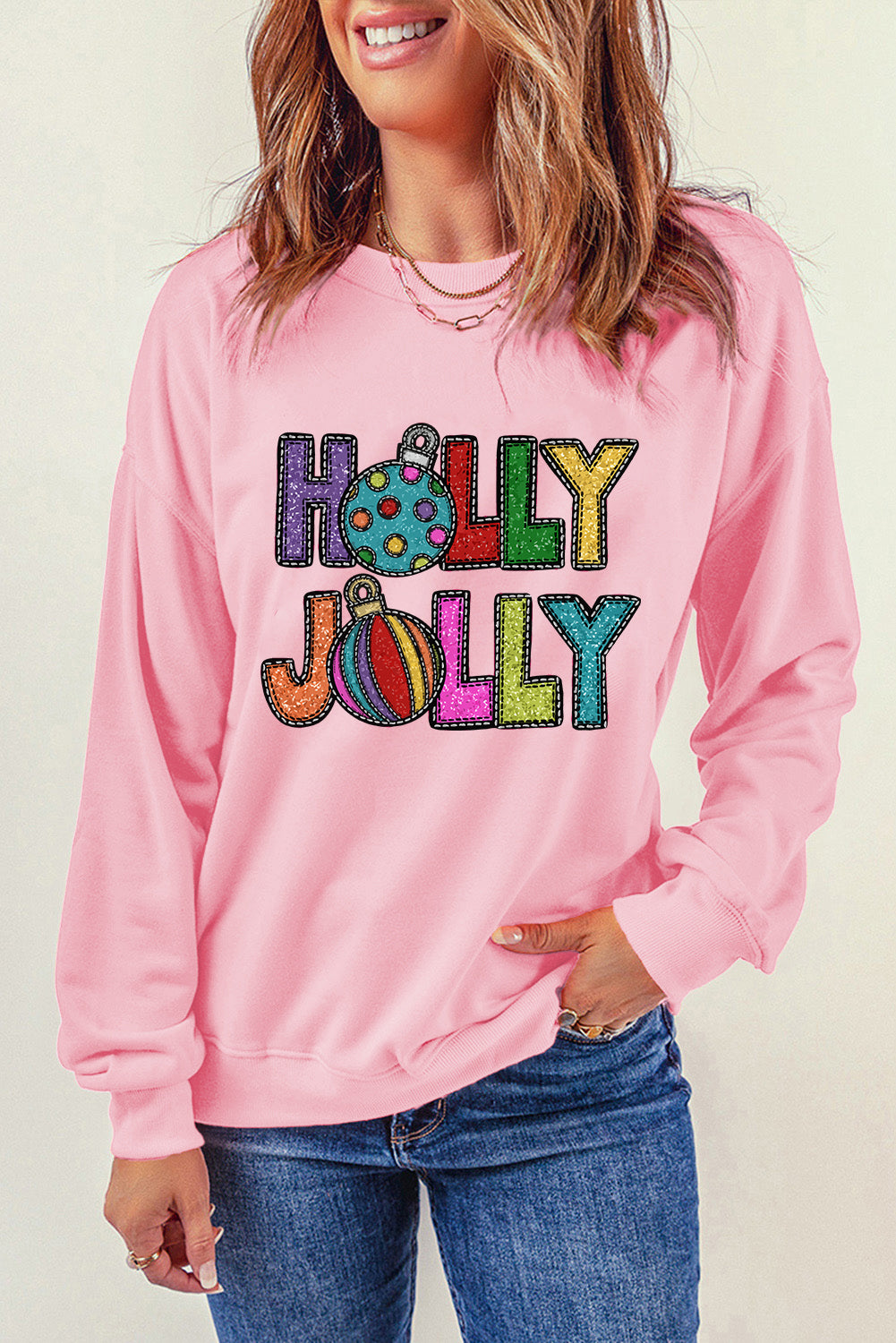 Pink HOLLY JOLLY Christmas Festive Letter Graphic Sweatshirt-Graphic Sweatshirts-[Adult]-[Female]-2022 Online Blue Zone Planet