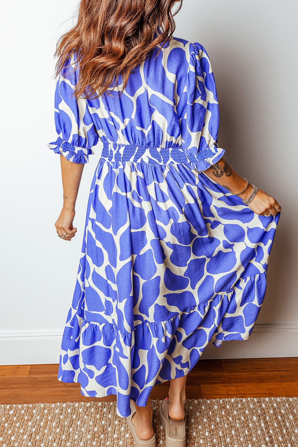 Sky Blue Abstract Print Smocked Waist Puff Half Sleeve Maxi Dress-TOPS / DRESSES-[Adult]-[Female]-2022 Online Blue Zone Planet
