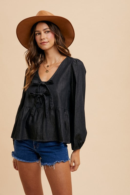 Annie Wear Tie Front Peplum Long Sleeve Denim Top-TOPS / DRESSES-[Adult]-[Female]-Black-S-2022 Online Blue Zone Planet