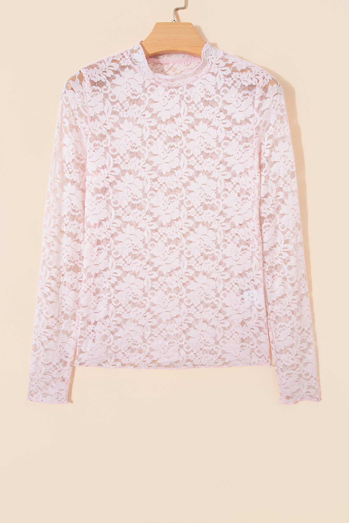 Light Pink Floral Lace Long Sleeve Stand Neck Pullover Top-Tops/Long Sleeve Tops-[Adult]-[Female]-2022 Online Blue Zone Planet