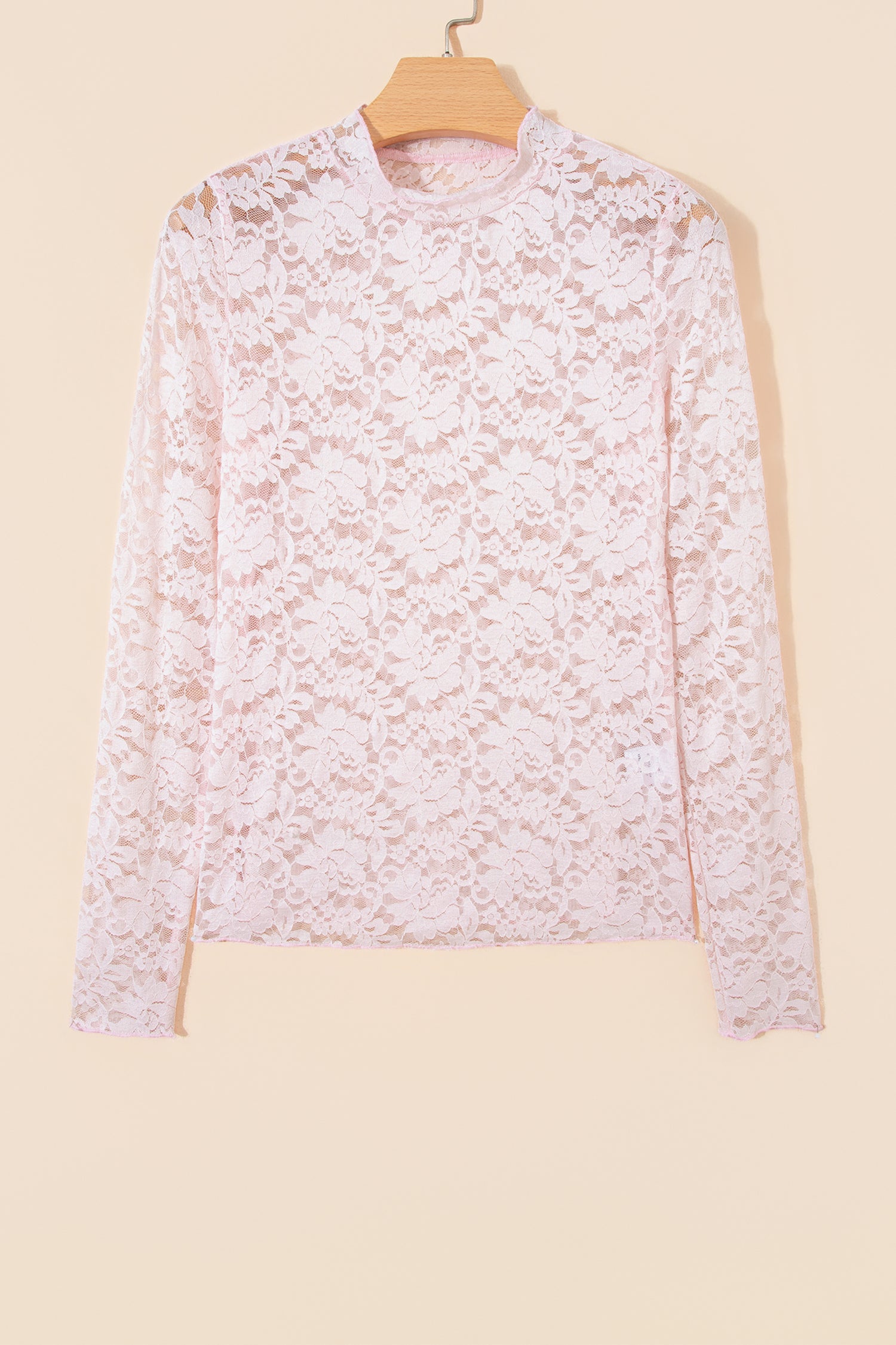 Light Pink Floral Lace Long Sleeve Stand Neck Pullover Top-Tops/Long Sleeve Tops-[Adult]-[Female]-2022 Online Blue Zone Planet