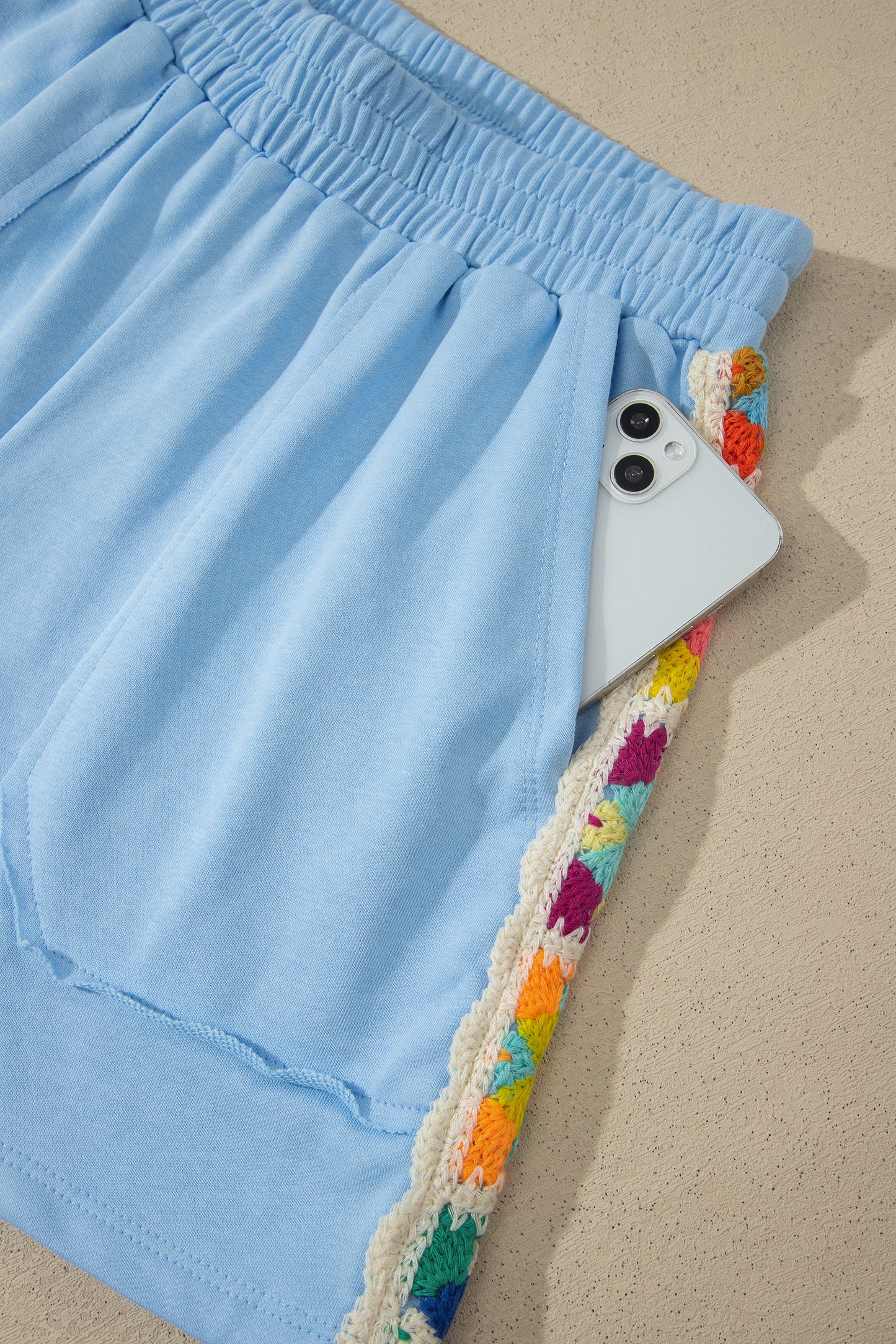 Mist Blue Granny Square Crochet Detail Short 2pcs Set-Two Piece Sets/Short Sets-[Adult]-[Female]-2022 Online Blue Zone Planet
