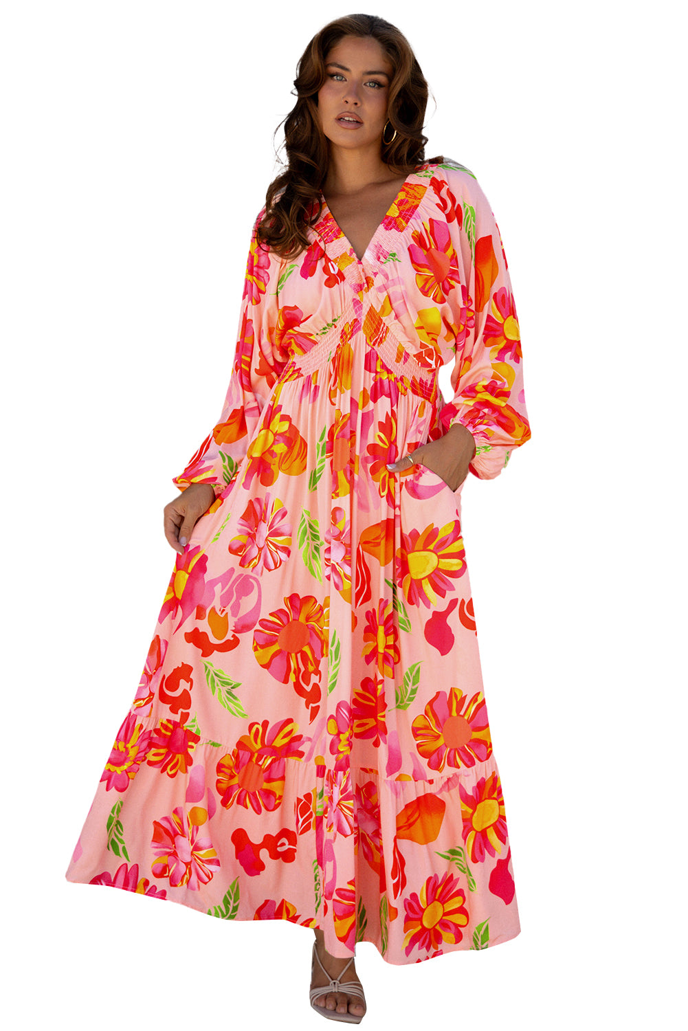 Beige Floral Print Smocked Detail V Neck Puff Sleeve Flowy Maxi Dress-TOPS / DRESSES-[Adult]-[Female]-2022 Online Blue Zone Planet