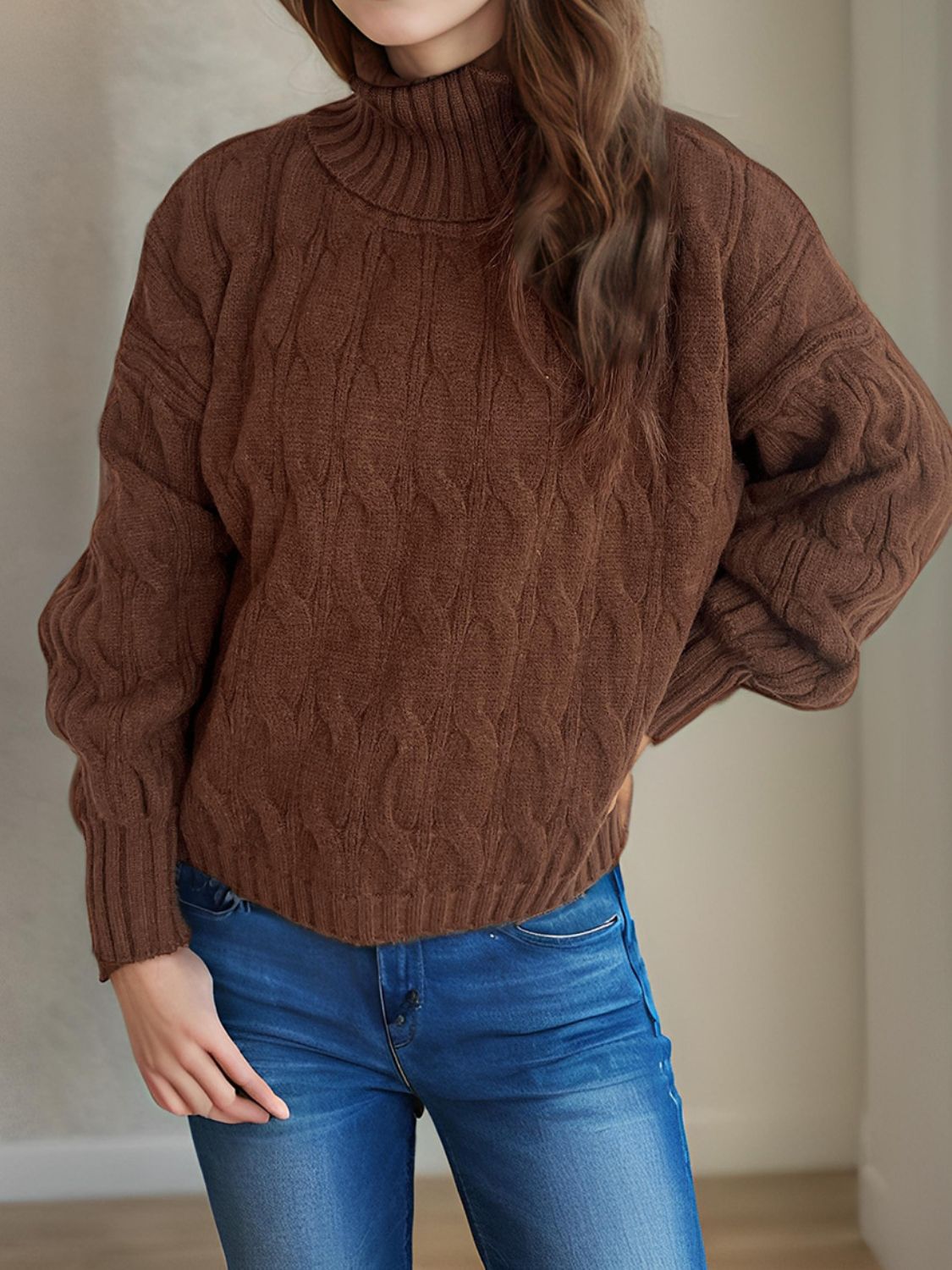 Cable-Knit Turtleneck Long Sleeve Sweater-TOPS / DRESSES-[Adult]-[Female]-2022 Online Blue Zone Planet