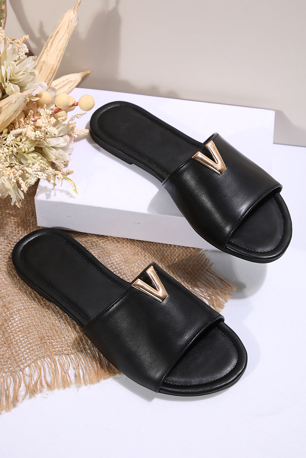 Black V Shape Metal Decor Open Toe Slippers-Slides Shoes + Flip Flops-[Adult]-[Female]-2022 Online Blue Zone Planet