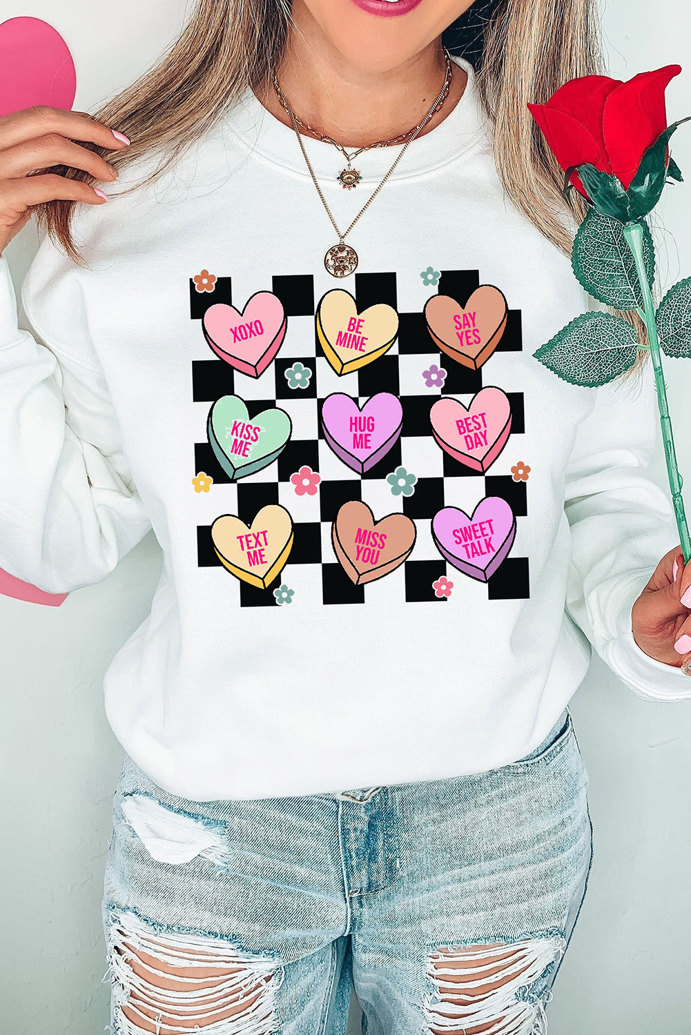 Blue Zone Planet | Valentine's Day Checkered Heart Long Sleeve Sweatshirt-TOPS / DRESSES-[Adult]-[Female]-2022 Online Blue Zone Planet