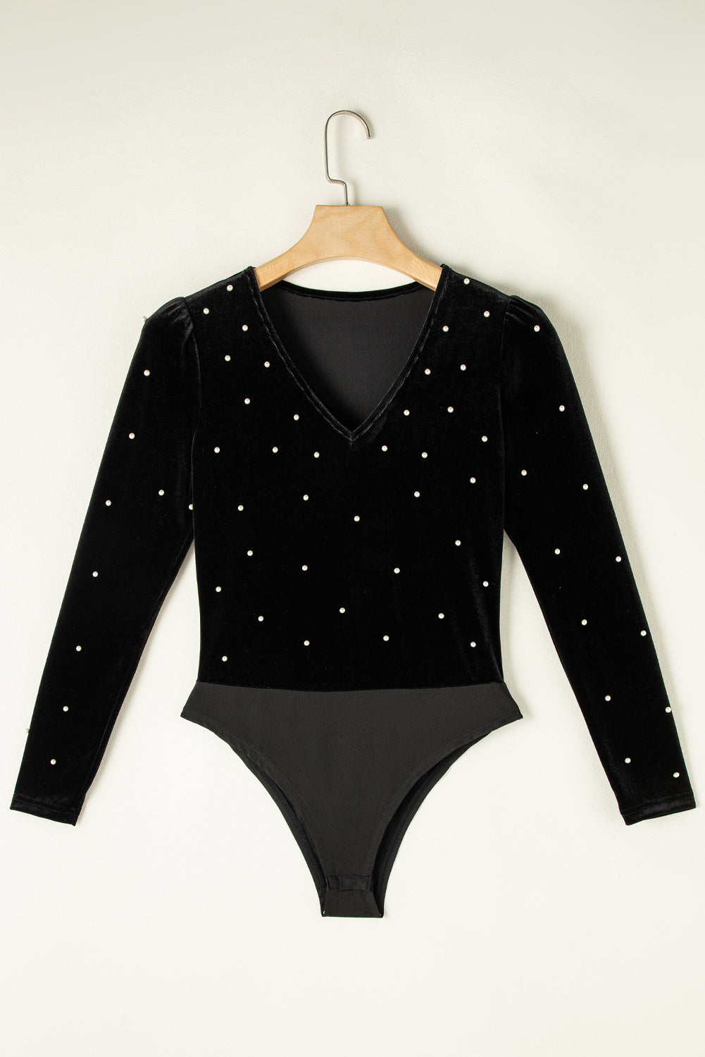 Pearl Detail Velvet V-Neck Long Sleeve Bodysuit-TOPS / DRESSES-[Adult]-[Female]-2022 Online Blue Zone Planet