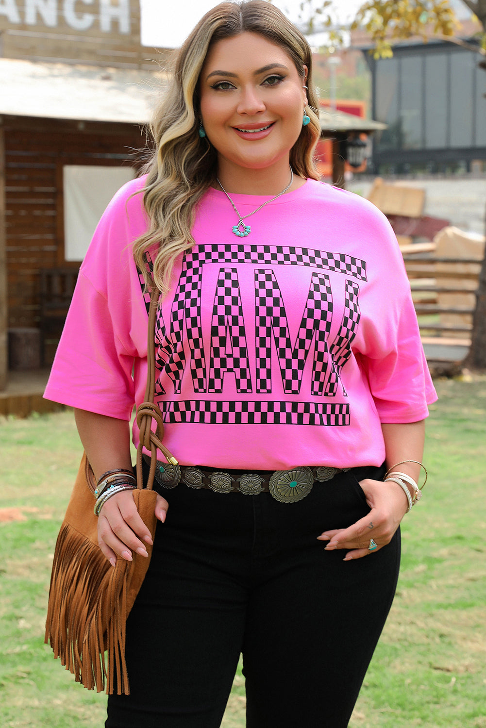 Bright Pink Checker Mama Letter Printed Graphic Plus Size T Shirt-Plus Size/Plus Size Tops/Plus Size Tops & Tees-[Adult]-[Female]-2022 Online Blue Zone Planet