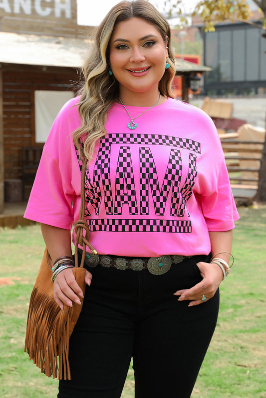 Bright Pink Checker Mama Letter Printed Graphic Plus Size T Shirt-Plus Size/Plus Size Tops/Plus Size Tops & Tees-[Adult]-[Female]-2022 Online Blue Zone Planet