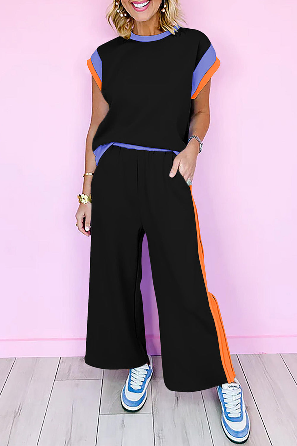 Racing Red Color Block Detail Casual Two-piece Set-Two Piece Sets/Pant Sets-[Adult]-[Female]-Black-S-2022 Online Blue Zone Planet