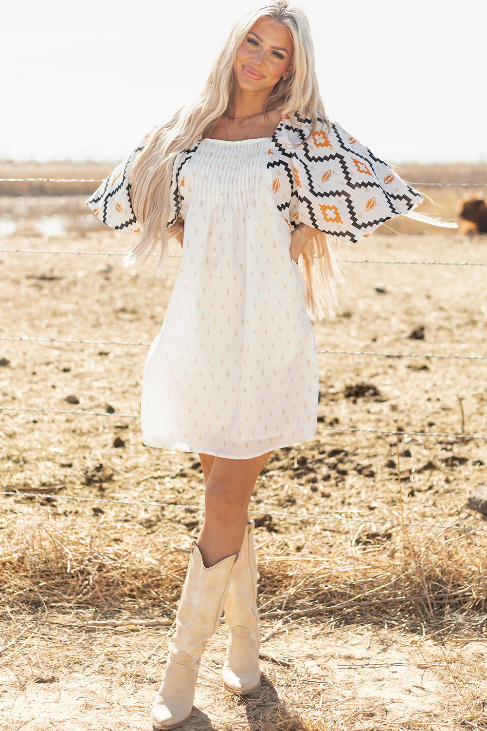 Blue Zone Planet | Beige Western Aztec Print Pleated Square Neck Loose Mini Dress-TOPS / DRESSES-[Adult]-[Female]-2022 Online Blue Zone Planet
