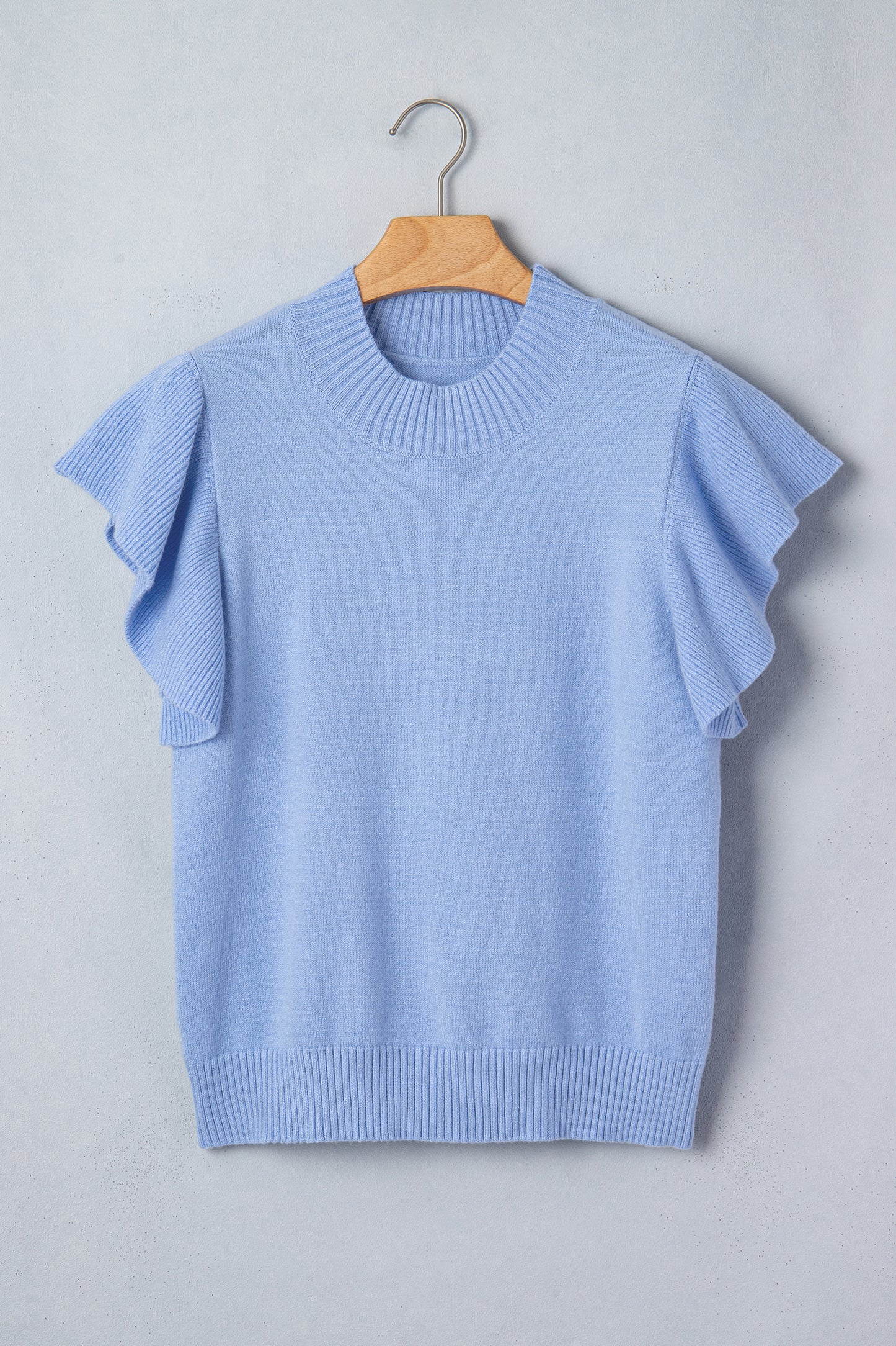 Beau Blue Solid Color Ribbed Trim Round Neck Ruffle Short Sleeve Sweater-TOPS / DRESSES-[Adult]-[Female]-2022 Online Blue Zone Planet