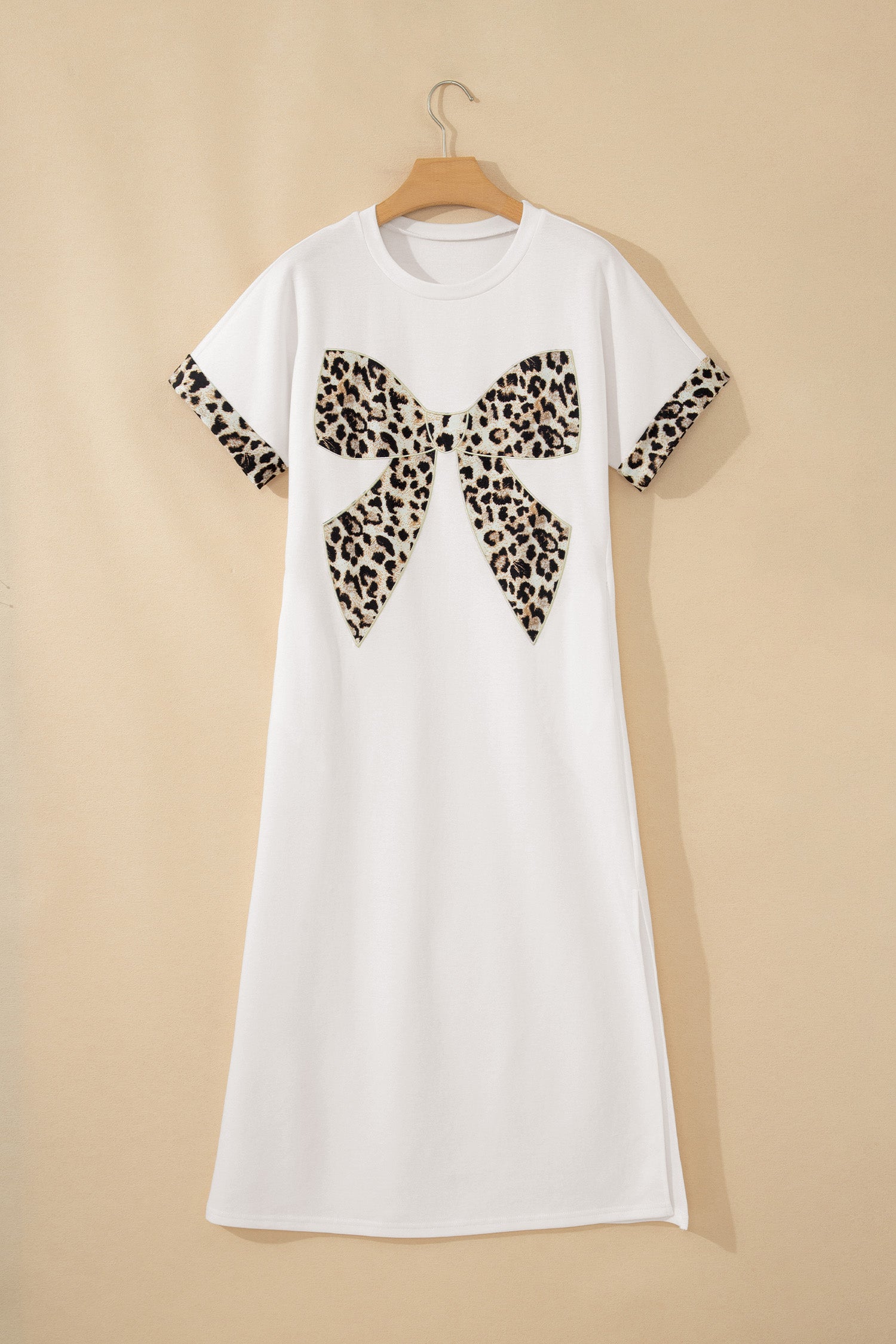 Dark Grey Contrast Leopard Bow Patched Short Sleeve T Shirt Long Dress-TOPS / DRESSES-[Adult]-[Female]-2022 Online Blue Zone Planet