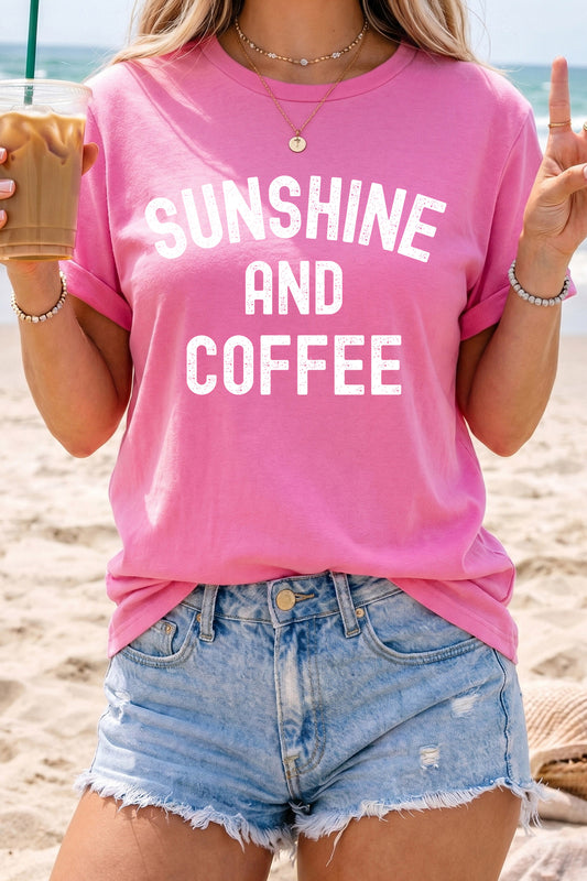Sachet Pink Sunshine And Coffee Summer Beachwear Graphic Tee-Graphic/Graphic Tees-[Adult]-[Female]-Sachet Pink-S-2022 Online Blue Zone Planet