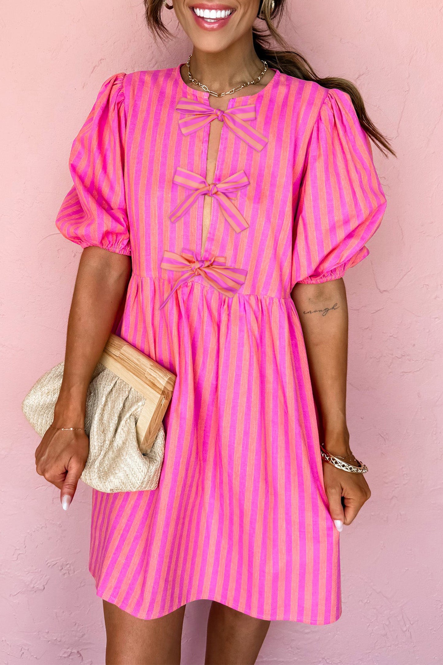 Rose Striped Print Bow Detail Short Puff Sleeve Mini Dress-TOPS / DRESSES-[Adult]-[Female]-Rose-S-2022 Online Blue Zone Planet