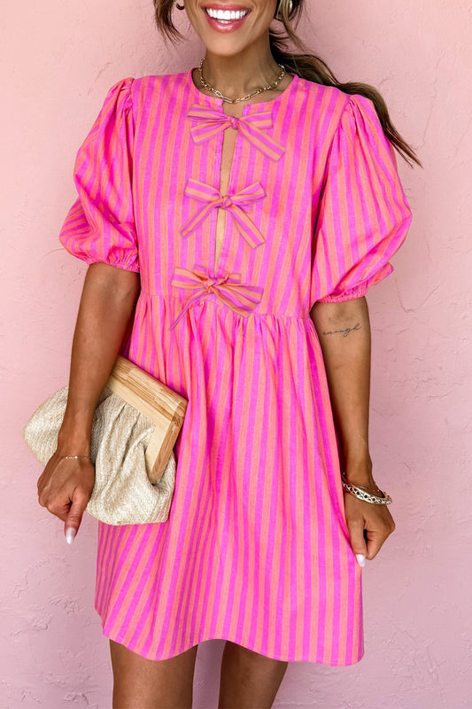 Rose Striped Print Bow Detail Short Puff Sleeve Mini Dress-TOPS / DRESSES-[Adult]-[Female]-Rose-S-2022 Online Blue Zone Planet