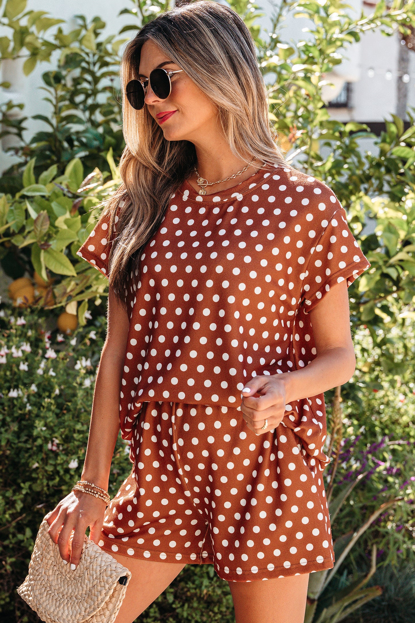 Brown Polka Dot Print Short Set-Two Piece Sets/Short Sets-[Adult]-[Female]-2022 Online Blue Zone Planet