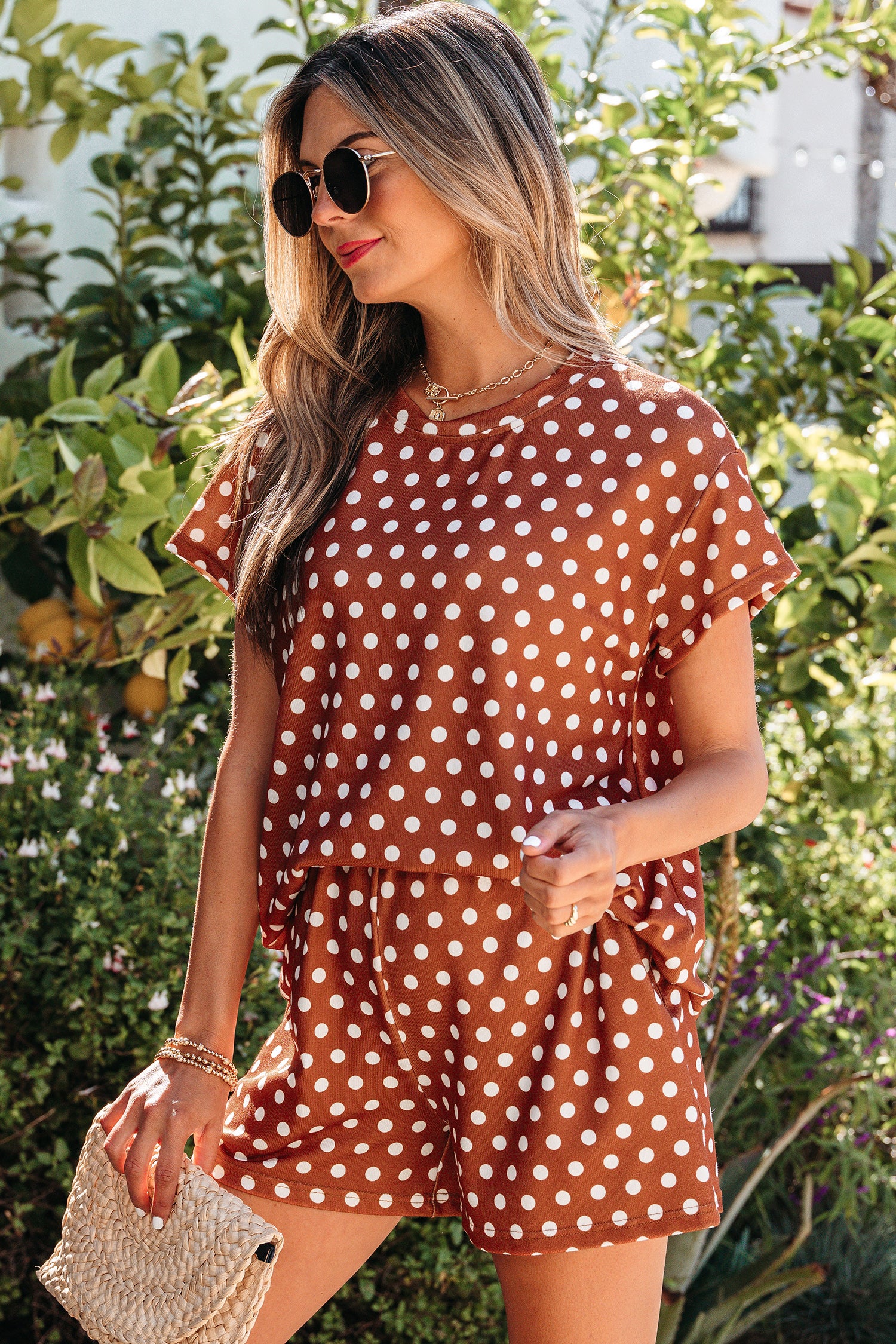 Brown Polka Dot Print Short Set-Two Piece Sets/Short Sets-[Adult]-[Female]-2022 Online Blue Zone Planet