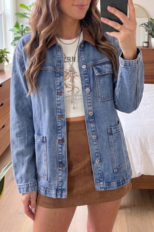 Sky Blue Patchwork Leather Collar Long Sleeve Denim Jacket-Outerwear/Denim jackets-[Adult]-[Female]-Sky Blue-S-2022 Online Blue Zone Planet
