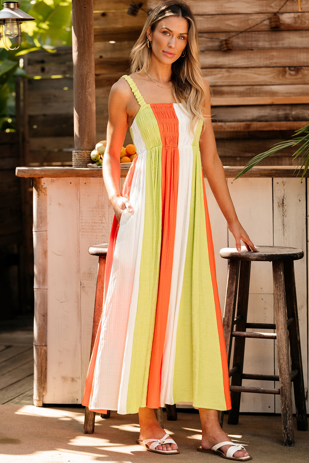 Green Color Block Shirred High Waist Fit and Flare Maxi Dress-Dresses/Maxi Dresses-[Adult]-[Female]-Green-S-2022 Online Blue Zone Planet