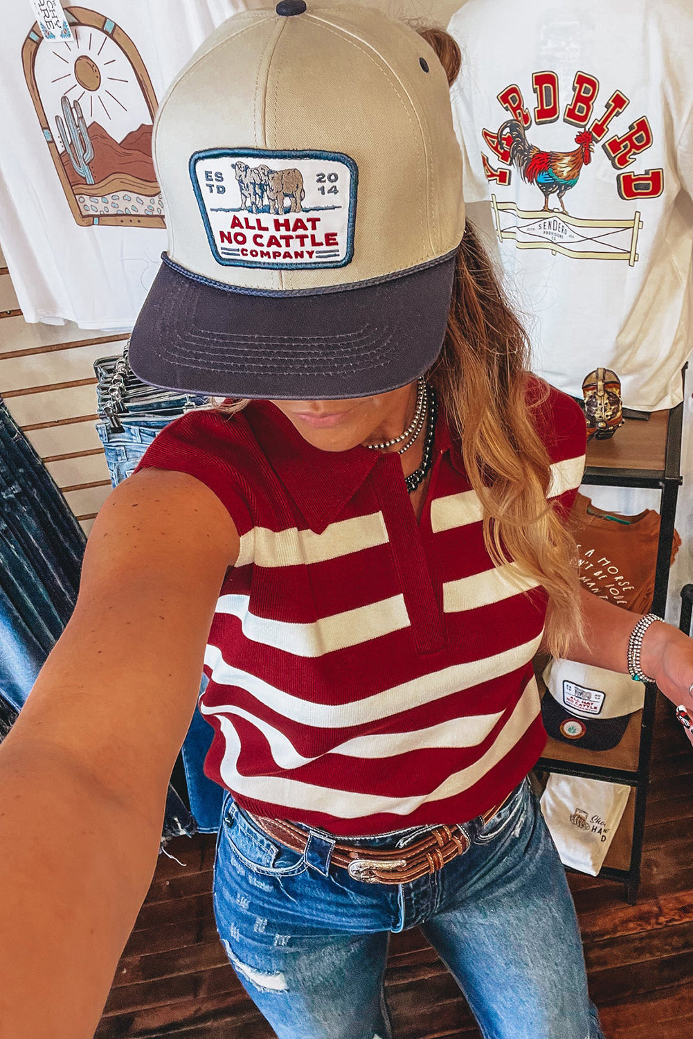 Red Stripe Collared Split Neck Sweater Vest-Sweaters & Cardigans/Sweater Vests-[Adult]-[Female]-2022 Online Blue Zone Planet